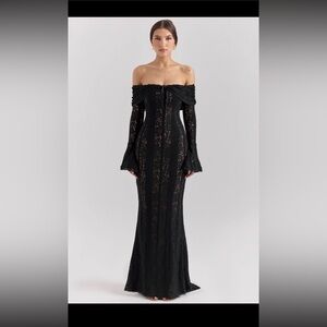 HOUSE OF CB 'Belle' Black Off Shoulder Floral Lace Maxi Dress L
